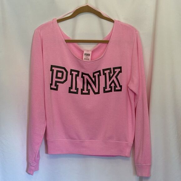 Victoria Secret Pink Cropped Fleece Top Off The Shoulder Sweatshirt Size Medium - Picture 1 of 10